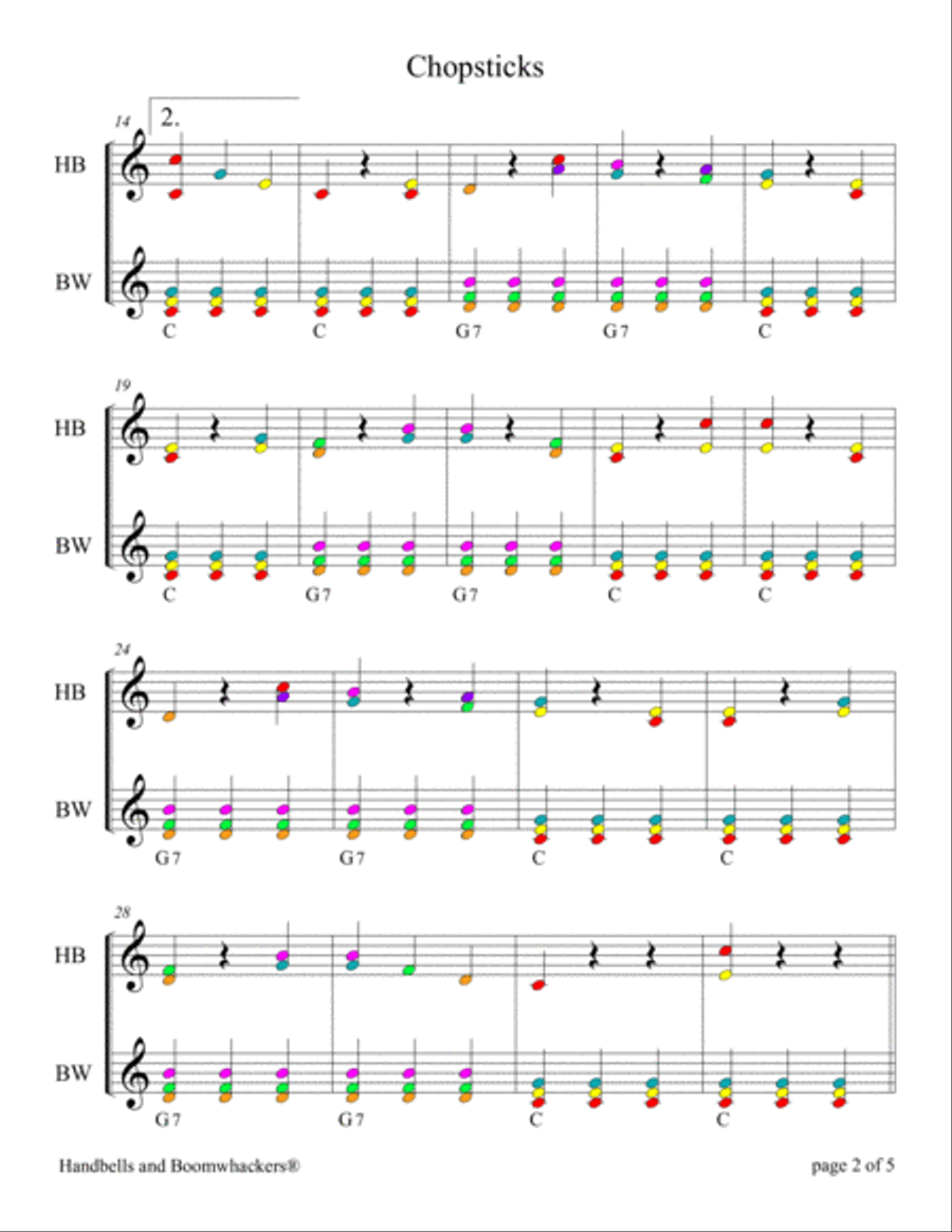 CHOPSTICKS: The Celebrated Chop Stick Waltz for 13-note Bells and Boomwhackers (Color Coded Notes) Handbell Choir scores gallery preview page 6