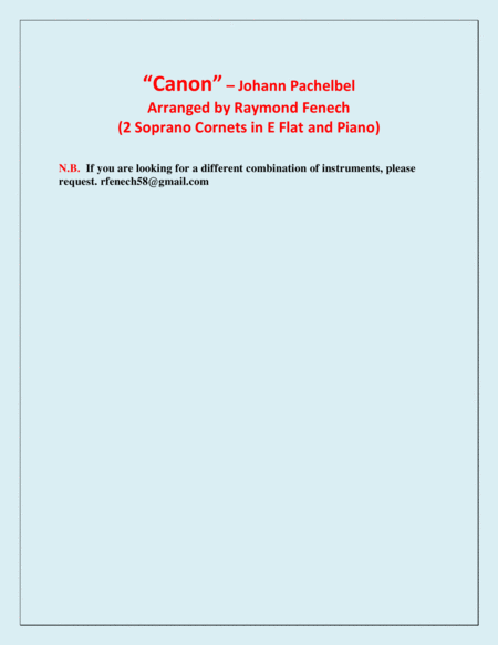 Canon - Johann Pachebel - 2 Soprano Cornets and Piano - Intermediate/Advanced Intermediate level image number null