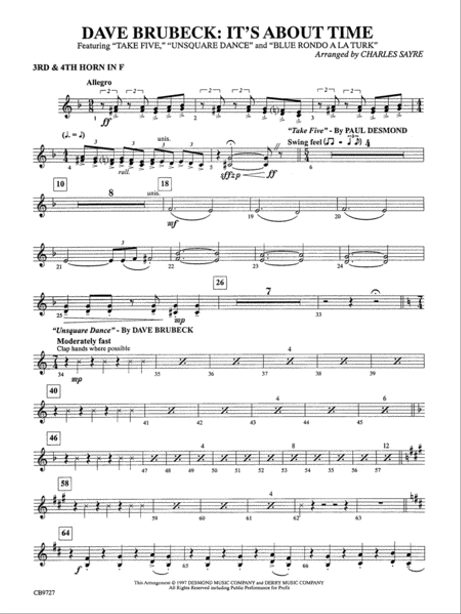 Dave Brubeck: It's About Time: 3rd & 4th F Horns Concert Band scores gallery preview page 1