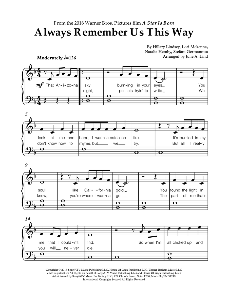 Always Remember Us This Way Easy Piano scores gallery preview page 1