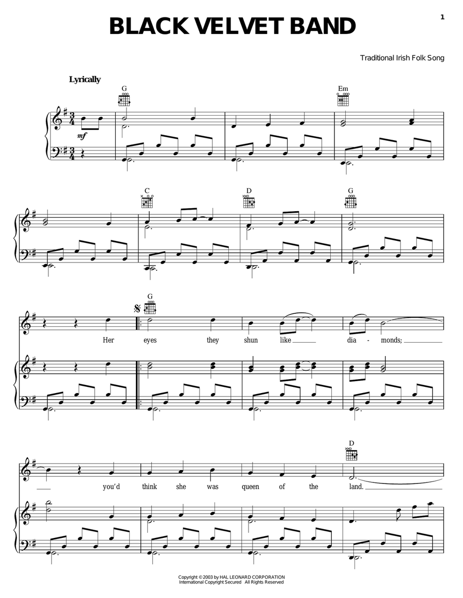 The Black Velvet Band The Black Velvet Band Piano, Vocal, Guitar scores gallery preview page 1