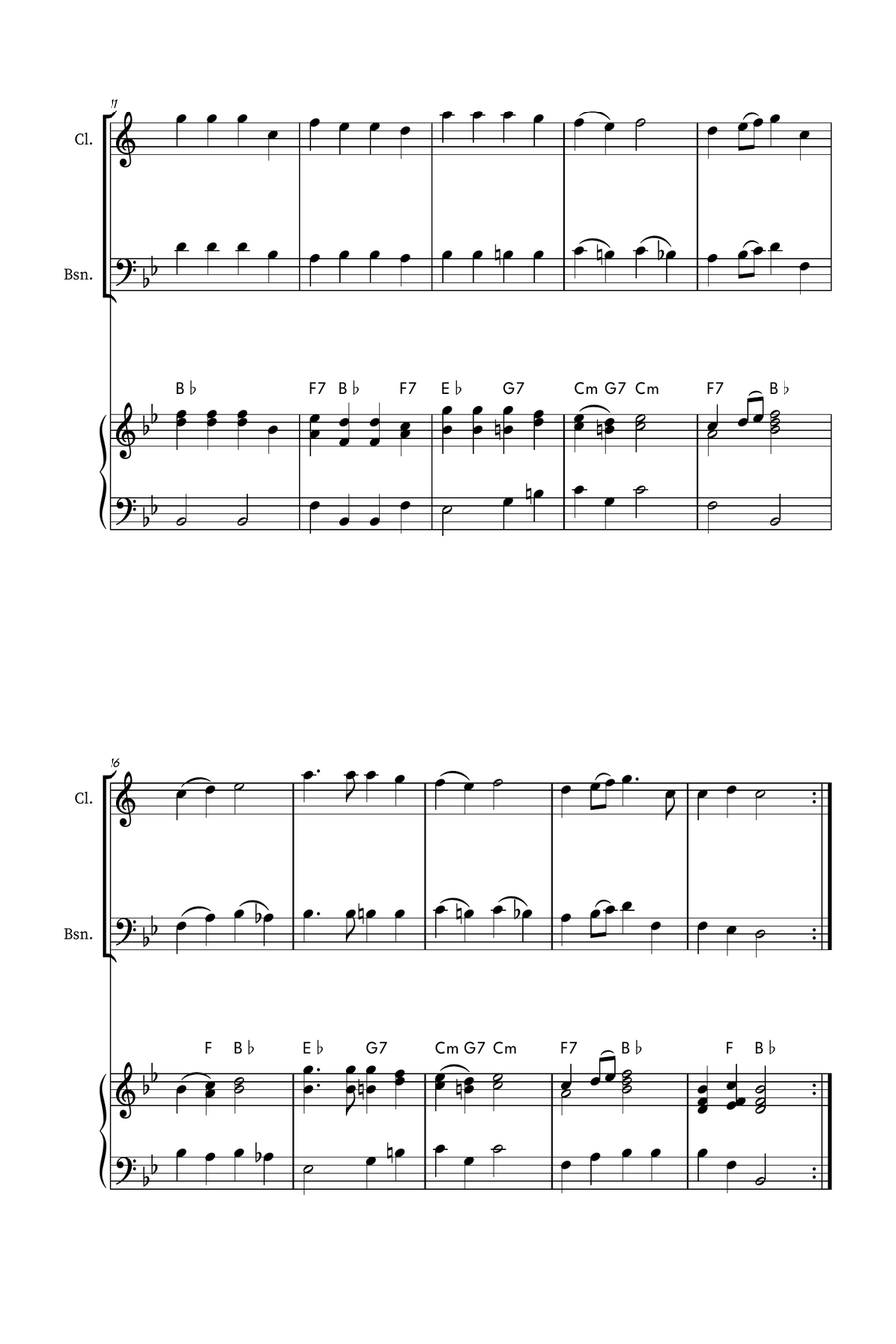 Hark! The Herald Angels Sing - Easy Clarinet and Bassoon Duet with Piano Accompaniment Woodwind Duet scores gallery preview page 2