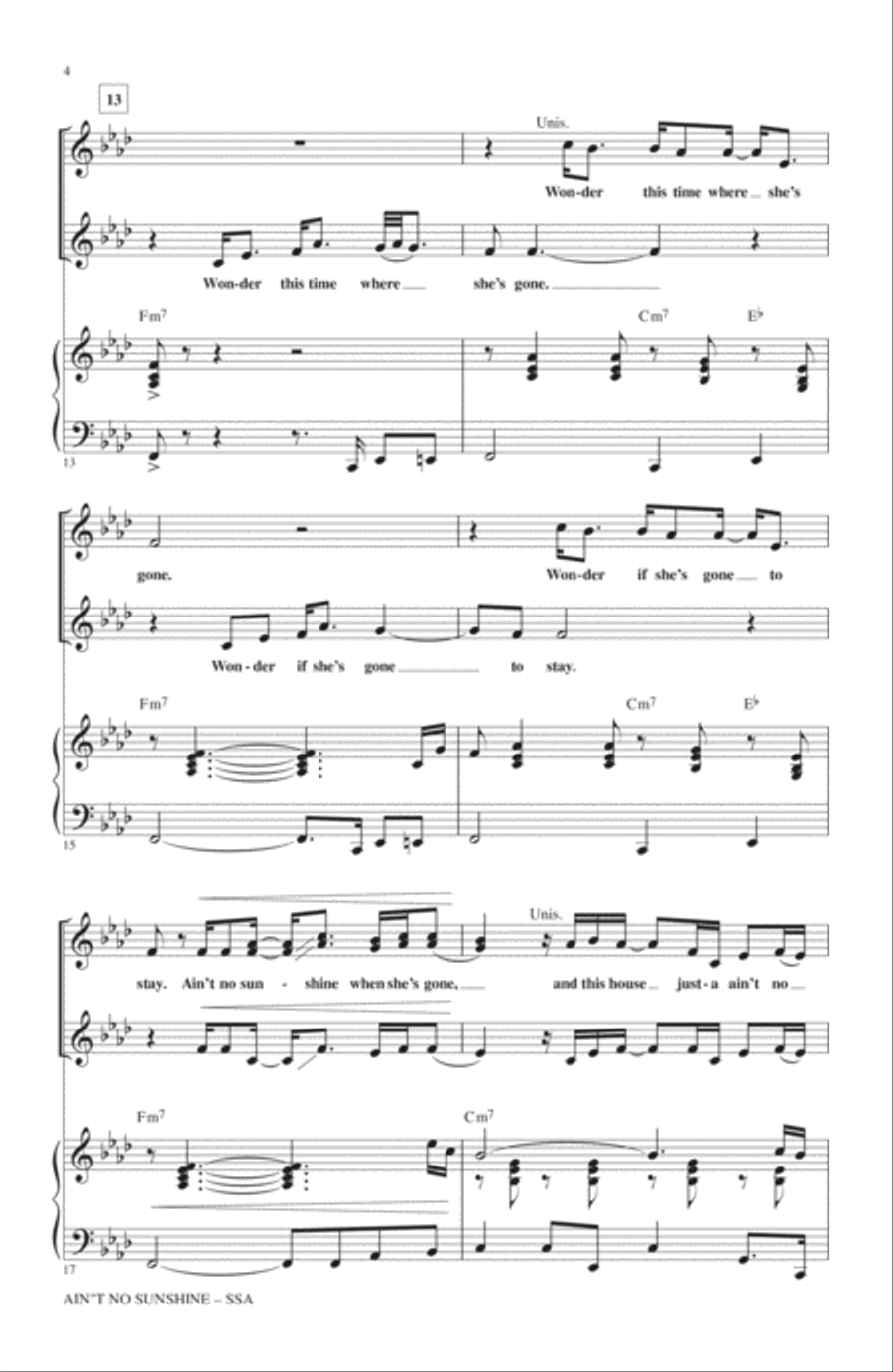 Ain't No Sunshine (arr. Mark Brymer) SSA scores gallery preview page 3