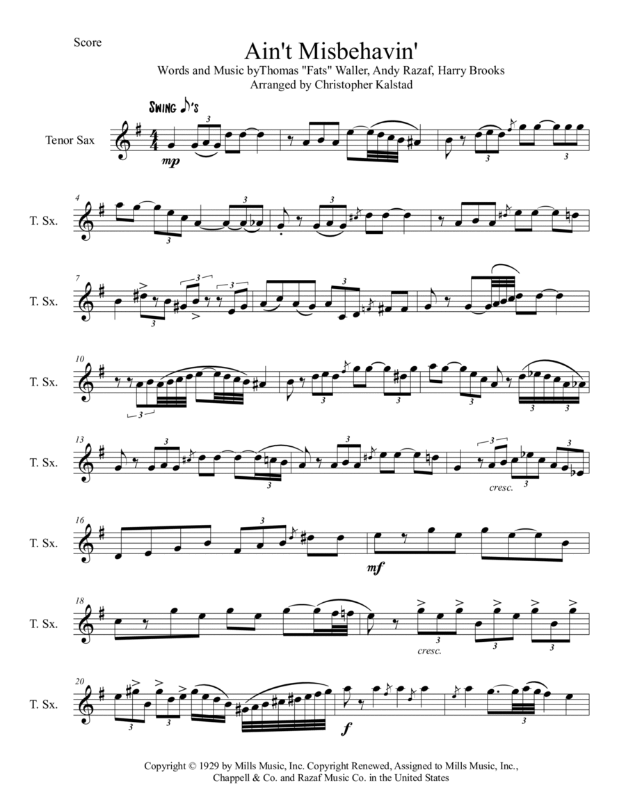 Ain't Misbehavin' Ain't Misbehavin' Tenor Saxophone scores gallery preview page 1