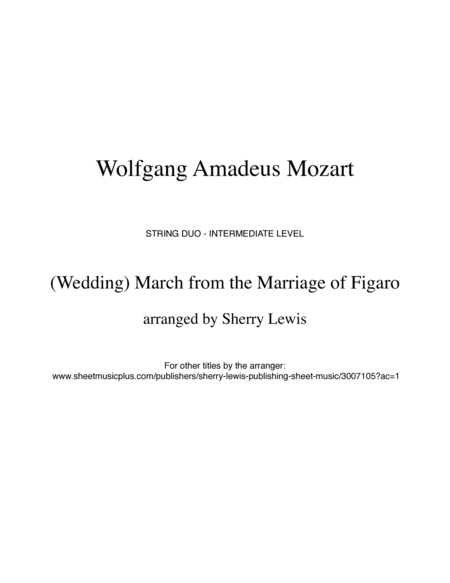 MARCH FROM THE MARRIAGE OF FIGARO, Mozart, String Duo, Intermediate Level for violin and cello image number null