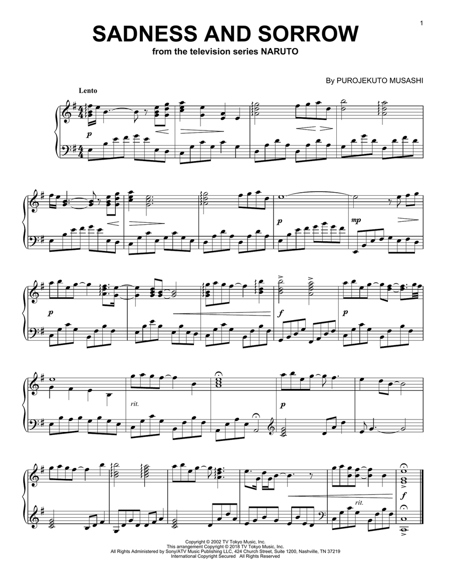 Sadness And Sorrow (from Naruto) Piano Solo scores gallery preview page 1