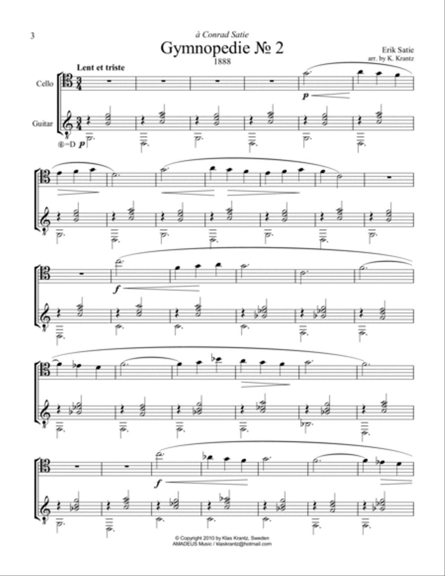Gymnopedie (1,2,3) and Gnossienne (1,2,3+5) for cello and guitar String Duet scores gallery preview page 4