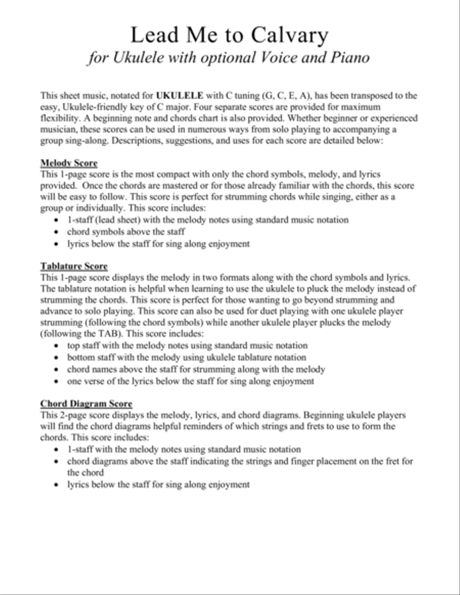 Lead Me to Calvary for Ukulele (Chords, TAB, Melody, and Lyrics, optional Piano Accompaniment) High Voice scores gallery preview page 2
