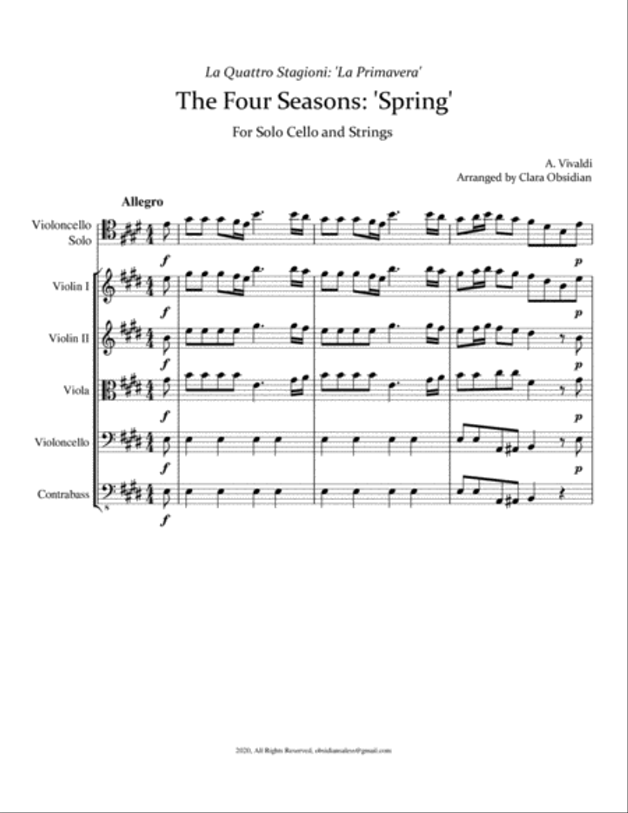 Vivaldi: The Four Season: Spring (Complete) for Cello solo and Strings String Quartet scores gallery preview page 3