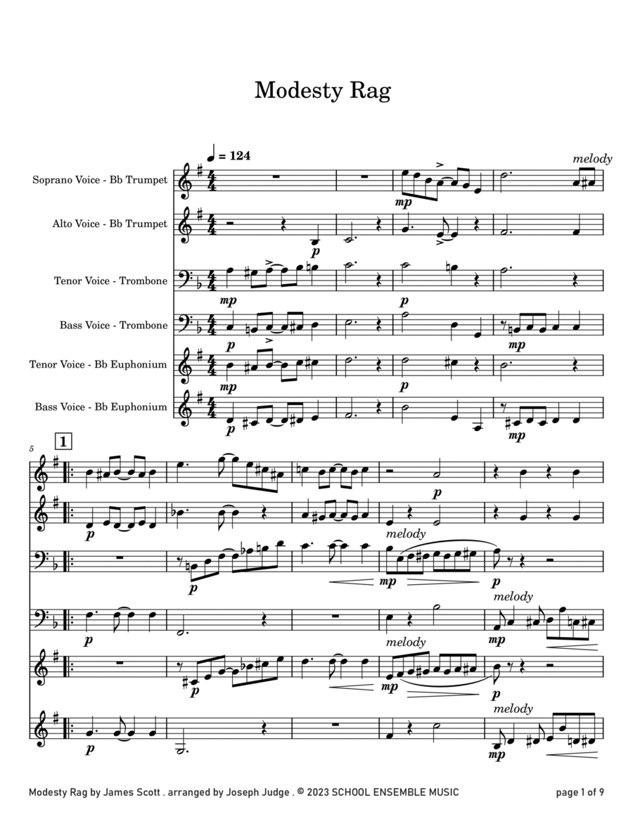 Modesty Rag by James Scott for Brass Quartet in Schools Brass Quartet scores gallery preview page 1