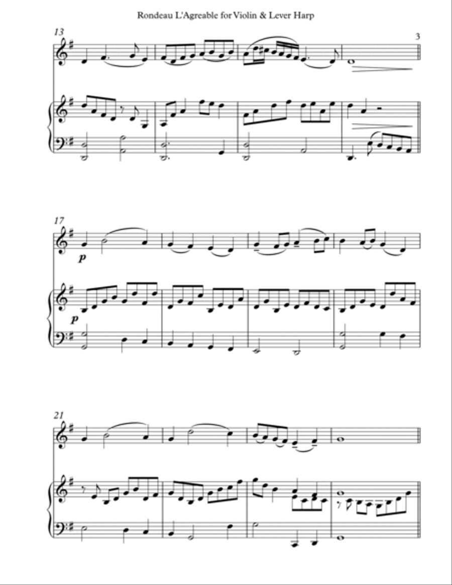 Rondeau L’Agreable, Duet for Violin & Lever Harp String Duet scores gallery preview page 3