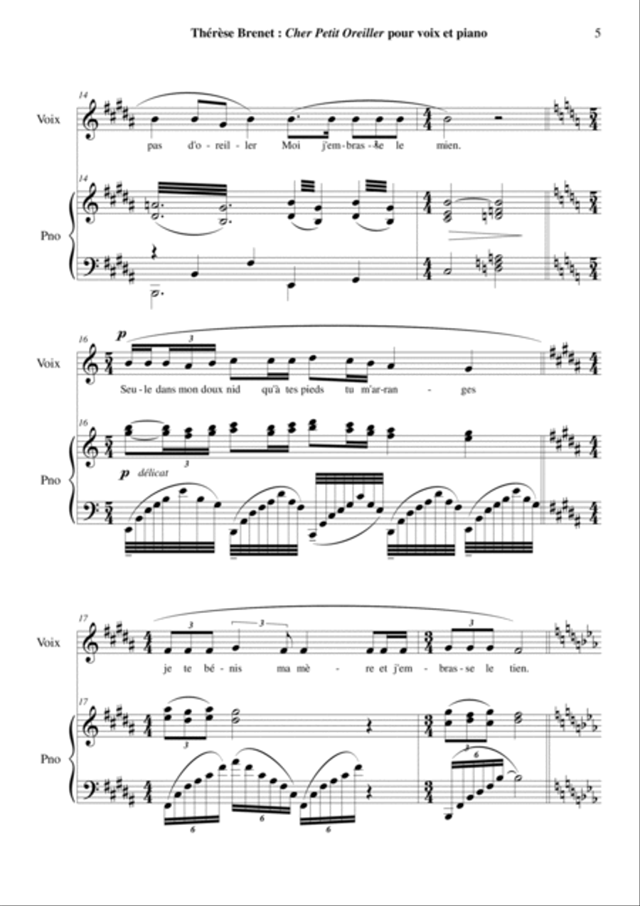 Therese Brenet : Cher Petit Oreiller for medium voice and piano Medium Voice scores gallery preview page 5