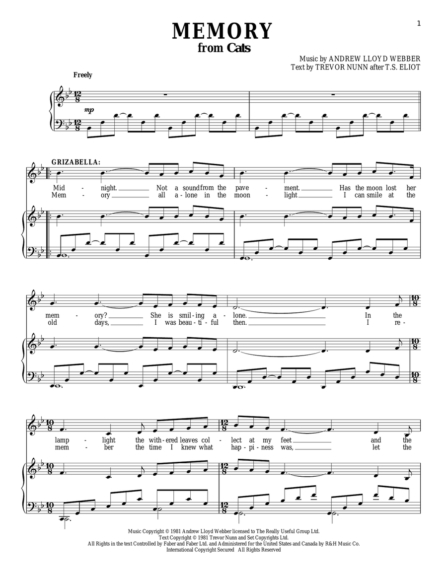 Memory (from Cats) Piano, Vocal scores gallery preview page 1