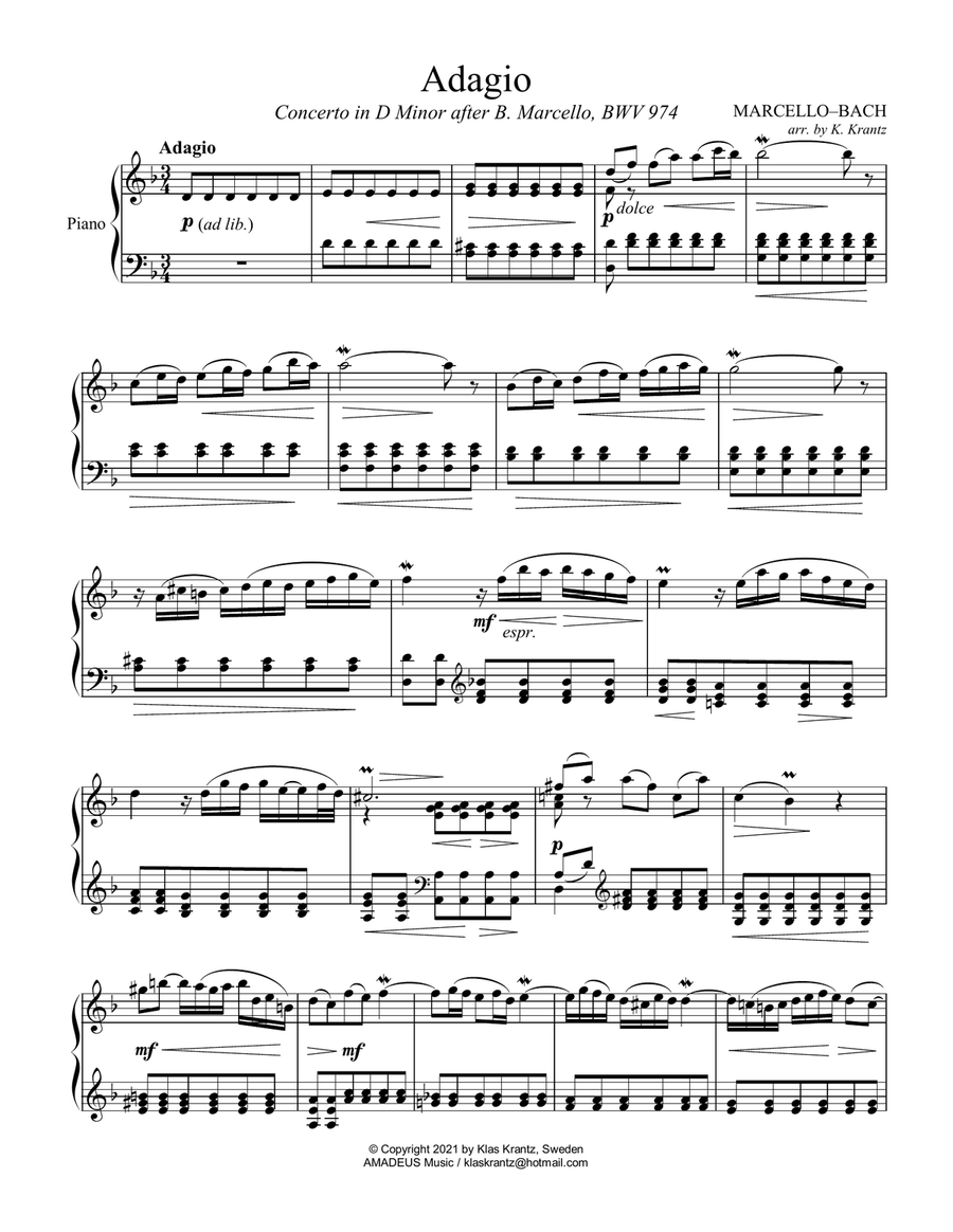 Adagio BWV 974 from Concerto in D Minor after Marcello for easy piano solo Easy Piano scores gallery preview page 1