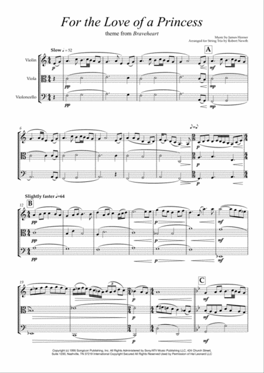 For The Love Of A Princess from the Twentieth Century Fox Motion Picture BRAVEHEART String Trio scores gallery preview page 2