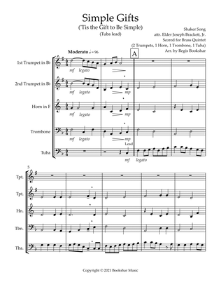 Simple Gifts ('Tis the Gift to Be Simple) (F) (Brass Quintet - 2 Trp, 1 Hrn, 1 Trb, 1 Tuba) (Tuba l