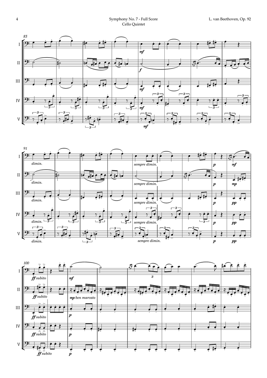 2nd Movement of Symphony No. 7 by Beethoven for Cello Quintet String Quintet scores gallery preview page 5