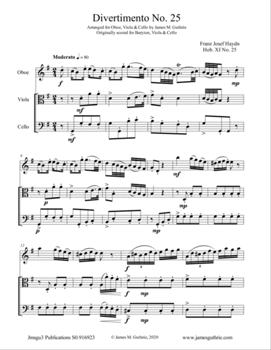 Haydn: Divertimento No. 25 Trio for Oboe, Viola & Cello Oboe scores gallery preview page 1