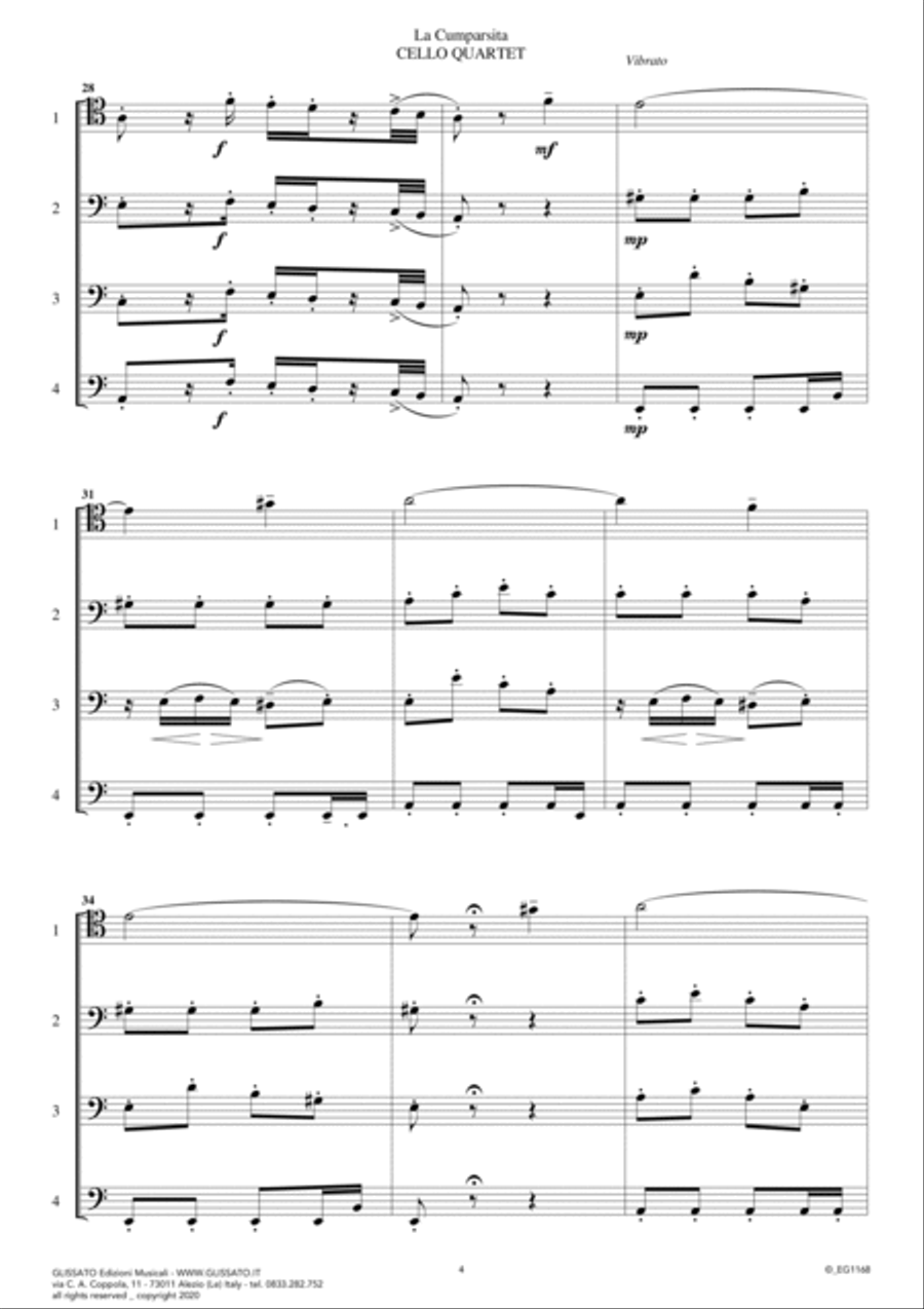 La Cumparsita (tango) - intermediate Cello Quartet (score and parts) String Quartet scores gallery preview page 6