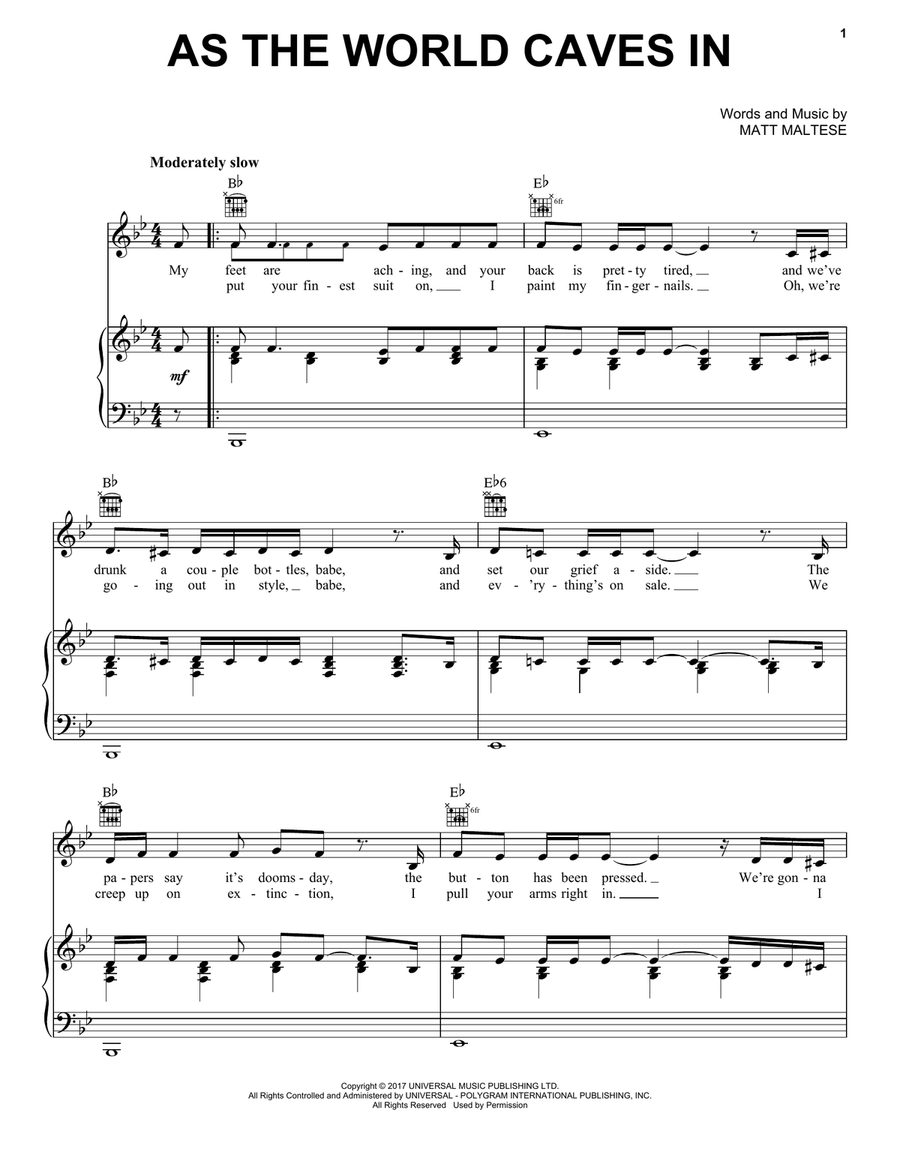 As The World Caves In Piano, Vocal, Guitar scores gallery preview page 1