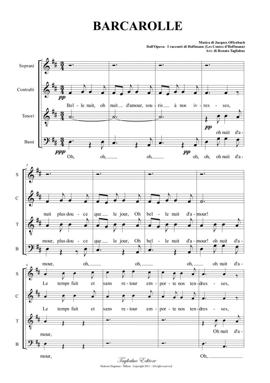 BARCAROLLE - J. Offenbach - Arr. for SATB Choir 4-Part scores gallery preview page 1