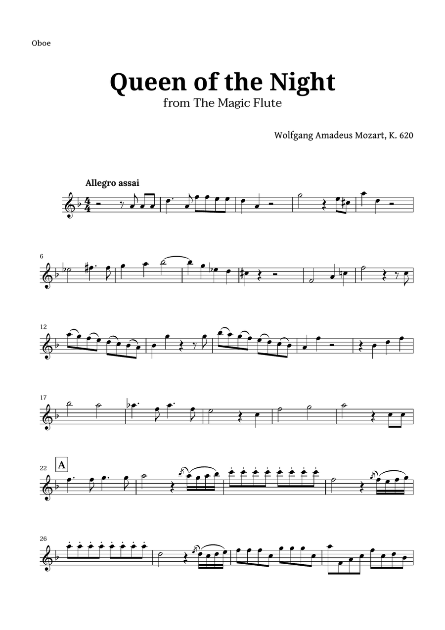 Queen of the Night by Mozart for Oboe Solo Oboe Solo scores gallery preview page 1