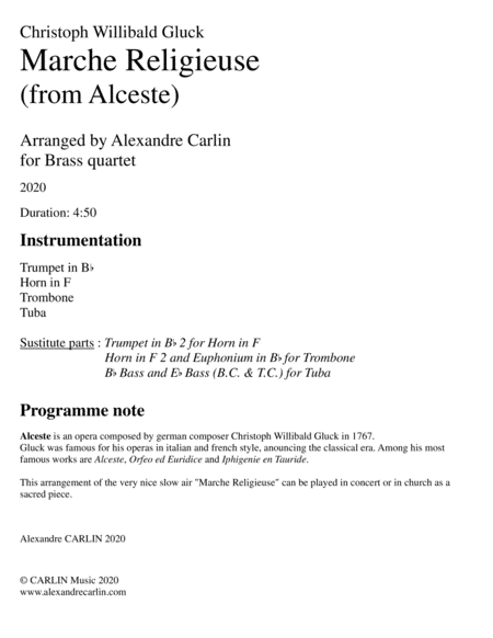 Marche Religieuse (from Alceste) by Gluck - Arranged for Brass Quartet image number null