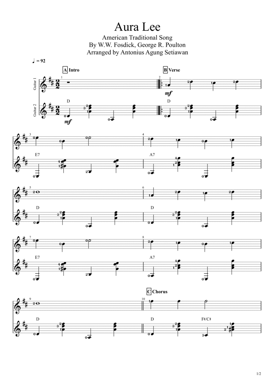 Aura Lee Acoustic Guitar scores gallery preview page 1