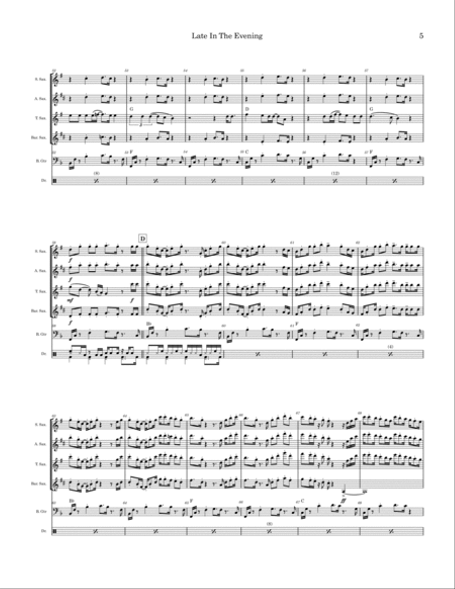 Late In The Evening Saxophone Quartet scores gallery preview page 5