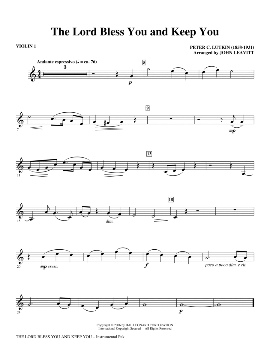 The Lord Bless You And Keep You - Violin 1 Choir scores gallery preview page 1