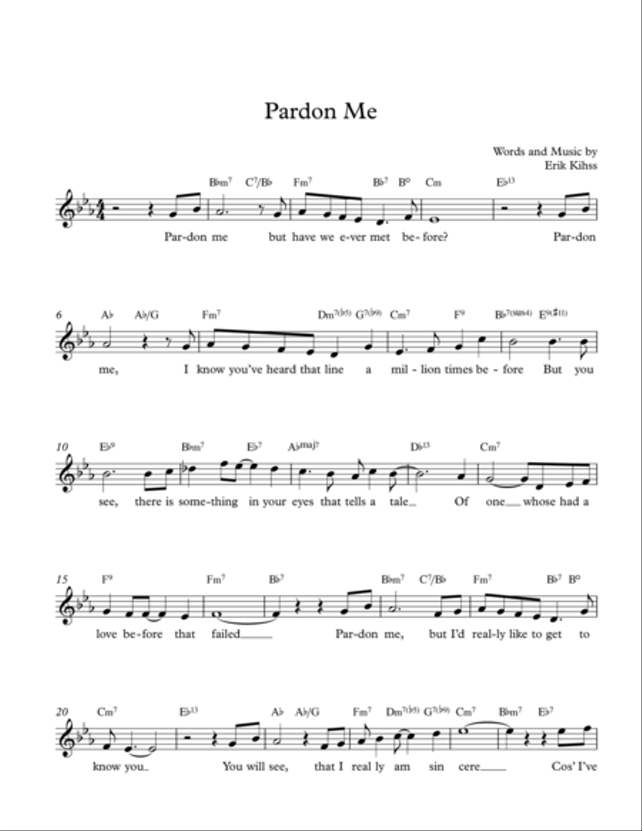 Pardon Me - lead sheet -Words and Music by Erik Kihss Voice scores gallery preview page 1