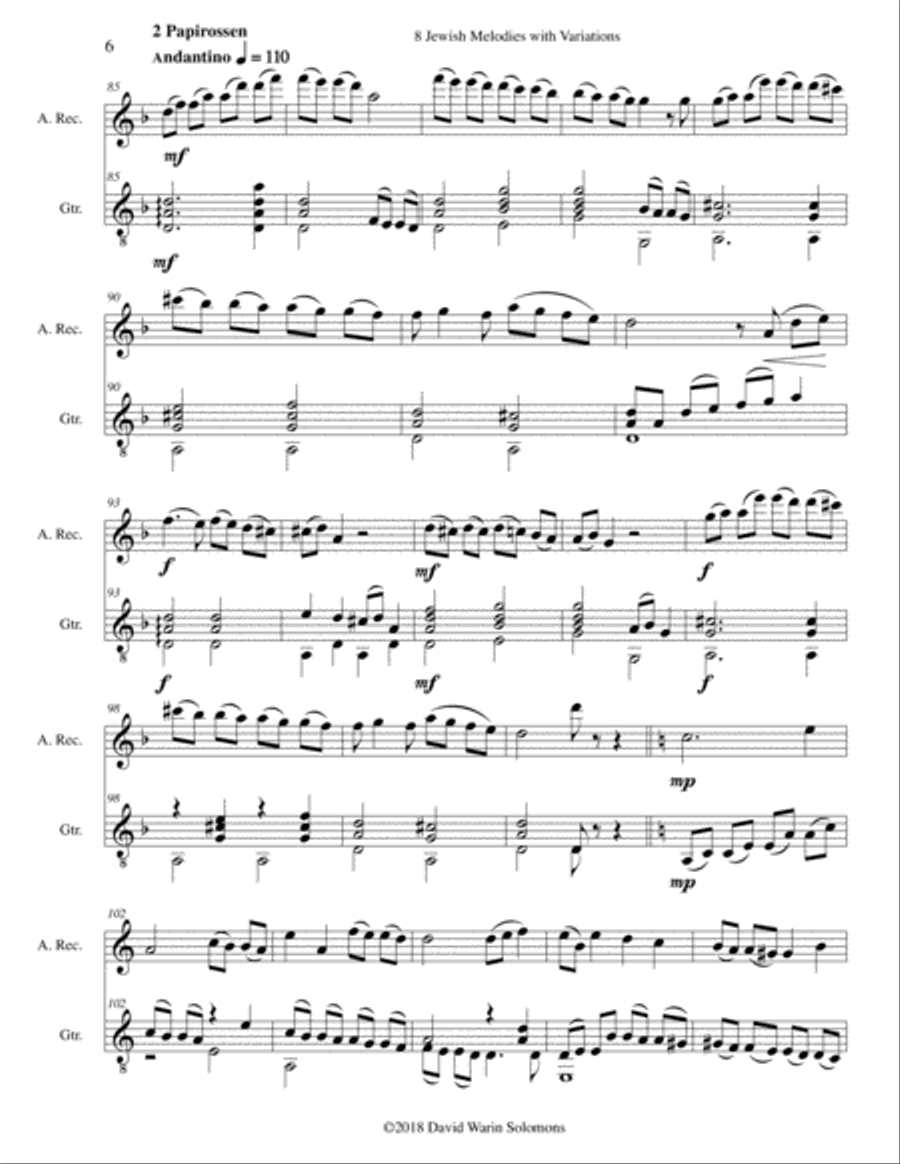 8 Jewish Melodies with Variations for alto recorder and guitar Alto Recorder scores gallery preview page 6