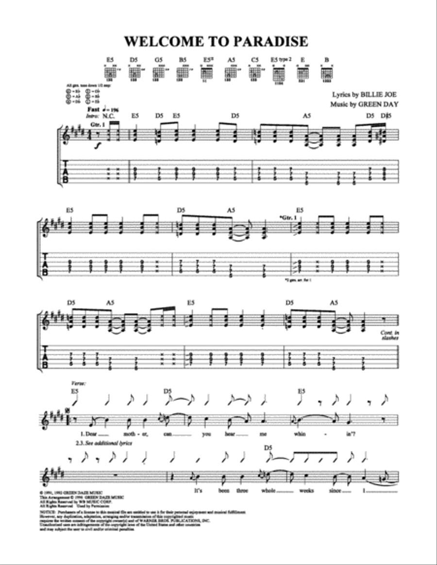 Welcome to Paradise Electric Guitar scores gallery preview page 1