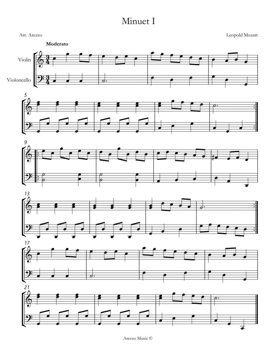 leopold mozart notebook for wolfgang minuet I violin and cello sheet music String Duet scores gallery preview page 1