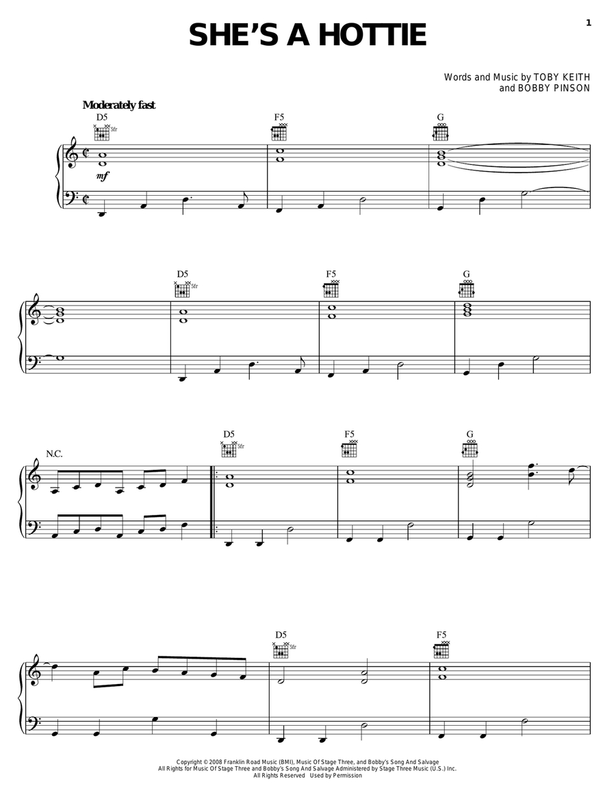 She's A Hottie She's A Hottie Piano, Vocal, Guitar scores gallery preview page 1