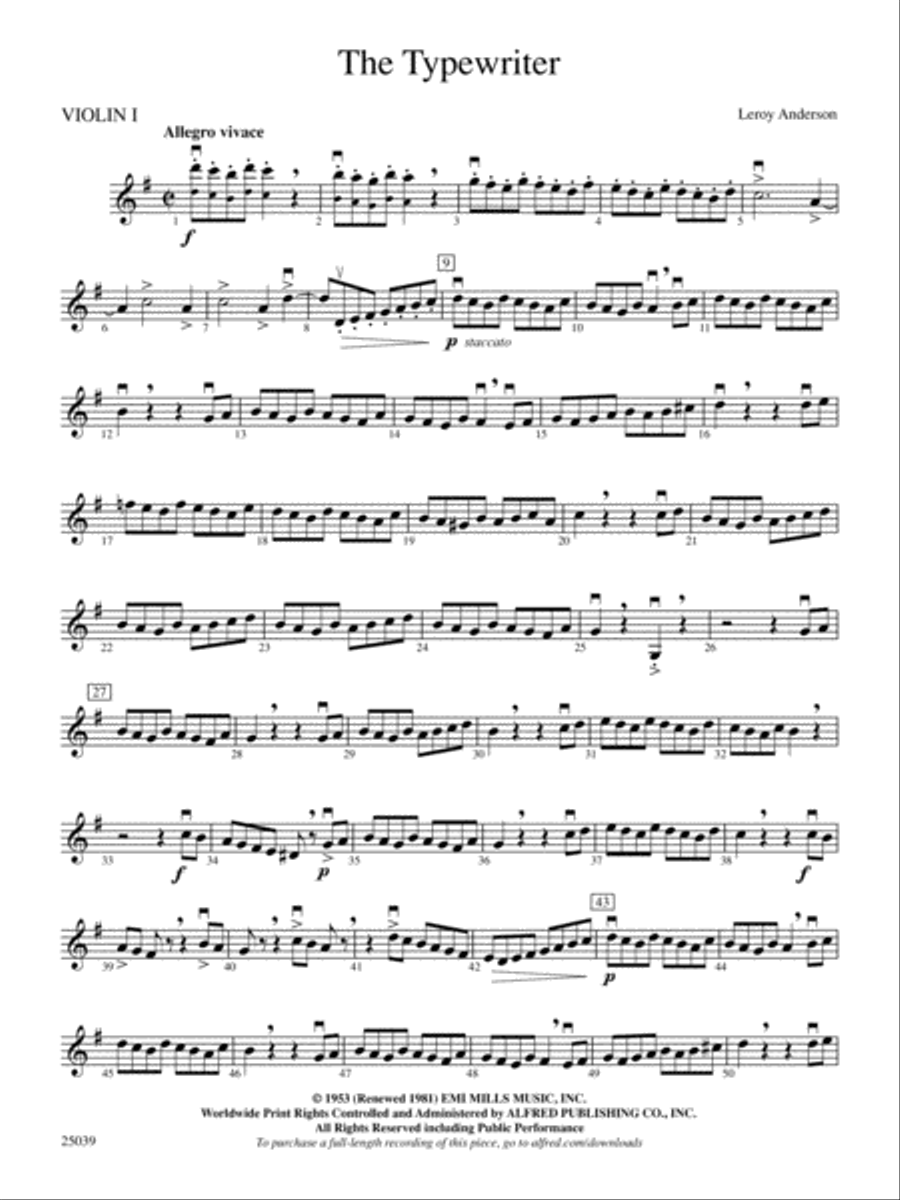 The Typewriter: 1st Violin Full Orchestra scores gallery preview page 1