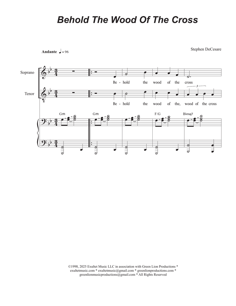 Behold The Wood Of The Cross (2-part choir - (Soprano and Tenor) 2-Part scores gallery preview page 1