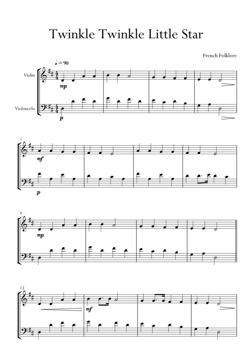 Twinkle Twinkle Little Star in D Major for Violin and Cello Duo. Easy version. image number null