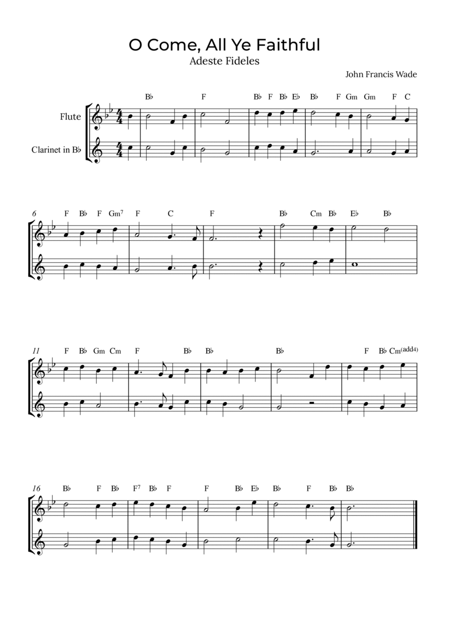 O Come, All Ye Faithful - Flute and clarinet with chords Woodwind Duet scores gallery preview page 1