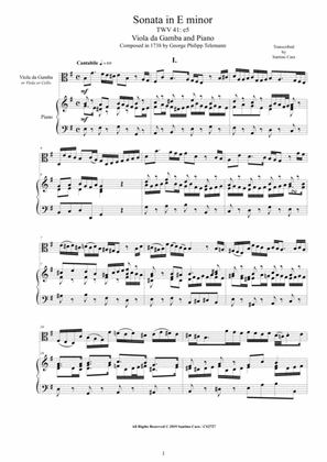 Telemann - Sonata in E minor TWV 41-e5 for Viola da Gamba and Piano