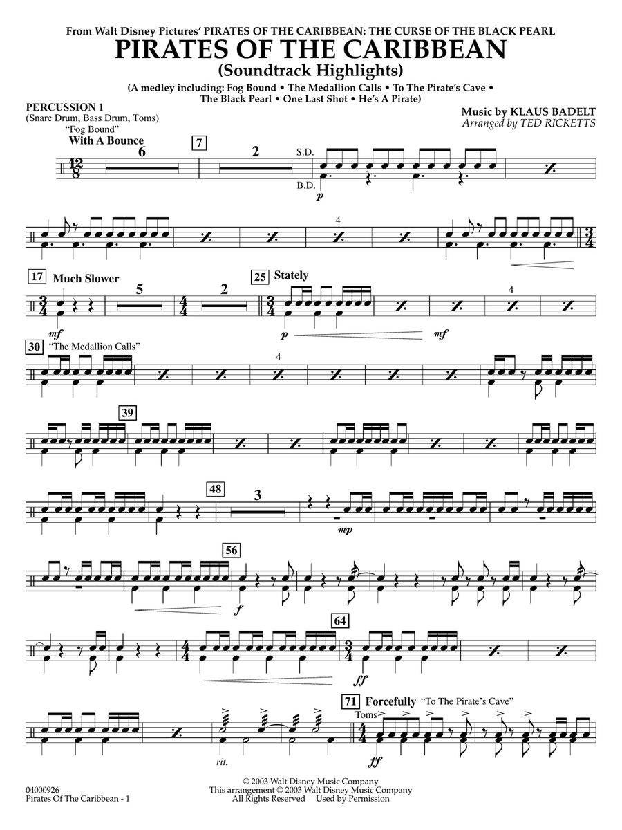 Pirates of the Caribbean (Soundtrack Highlights) (arr. Ted Ricketts) - Percussion 1 Concert Band scores gallery preview page 1