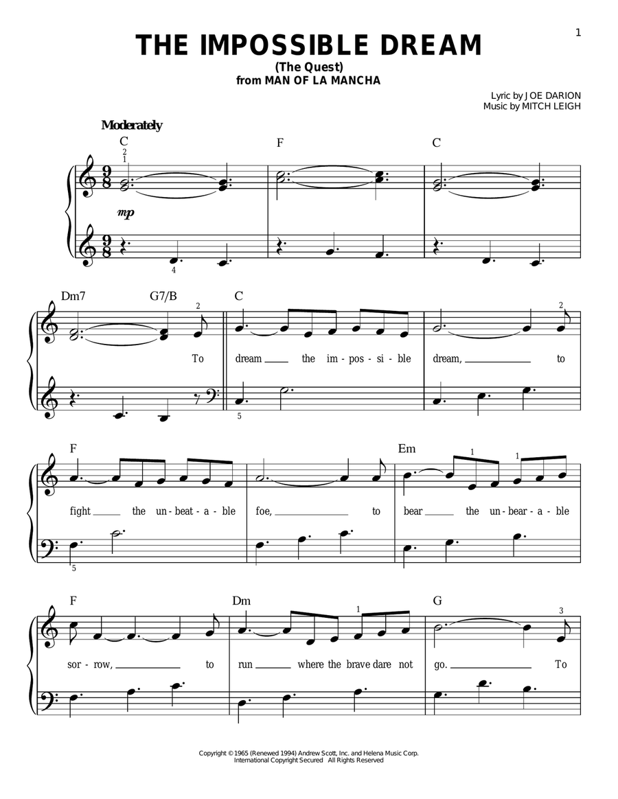 The Impossible Dream (The Quest) Easy Piano scores gallery preview page 1