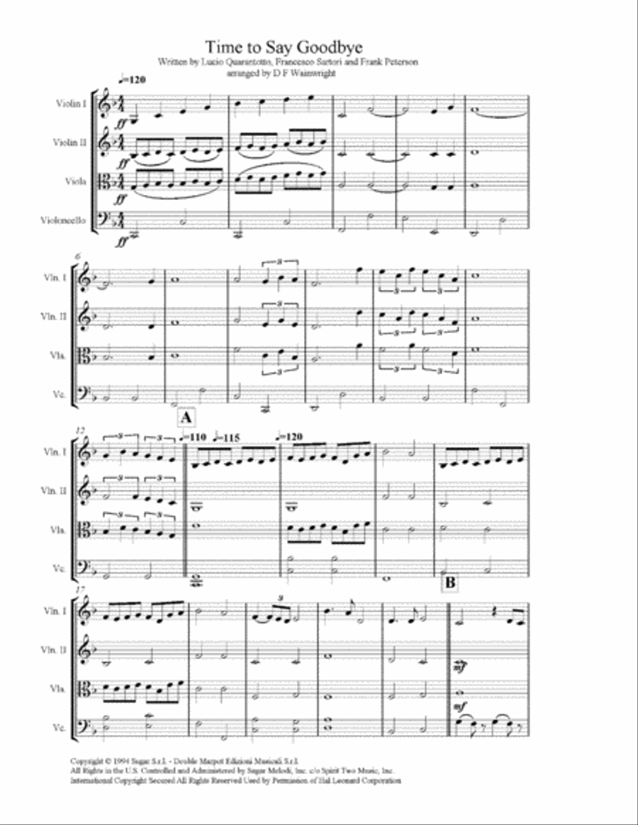 Time To Say Goodbye String Quartet scores gallery preview page 1
