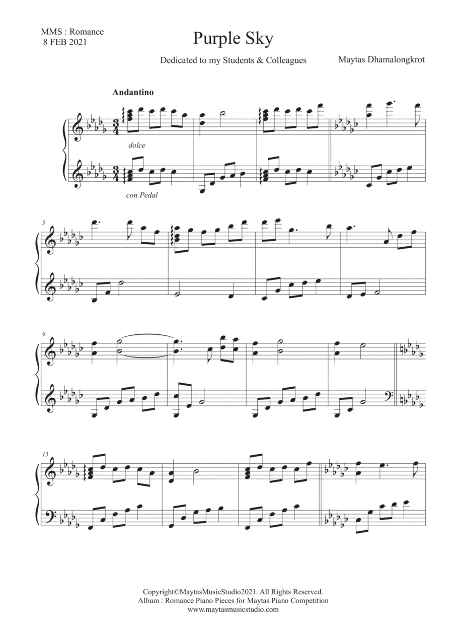 Purple Sky - Piano Solo by Maytas Dhamalongkrot Piano Solo scores gallery preview page 1