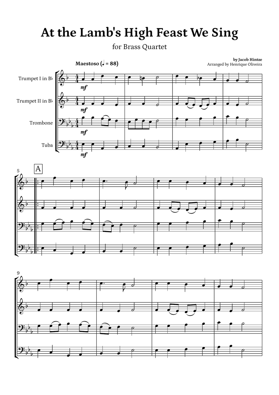 At the Lamb's High Feast We Sing (Brass Quartet) - Easter Hymn Brass Quartet scores gallery preview page 1