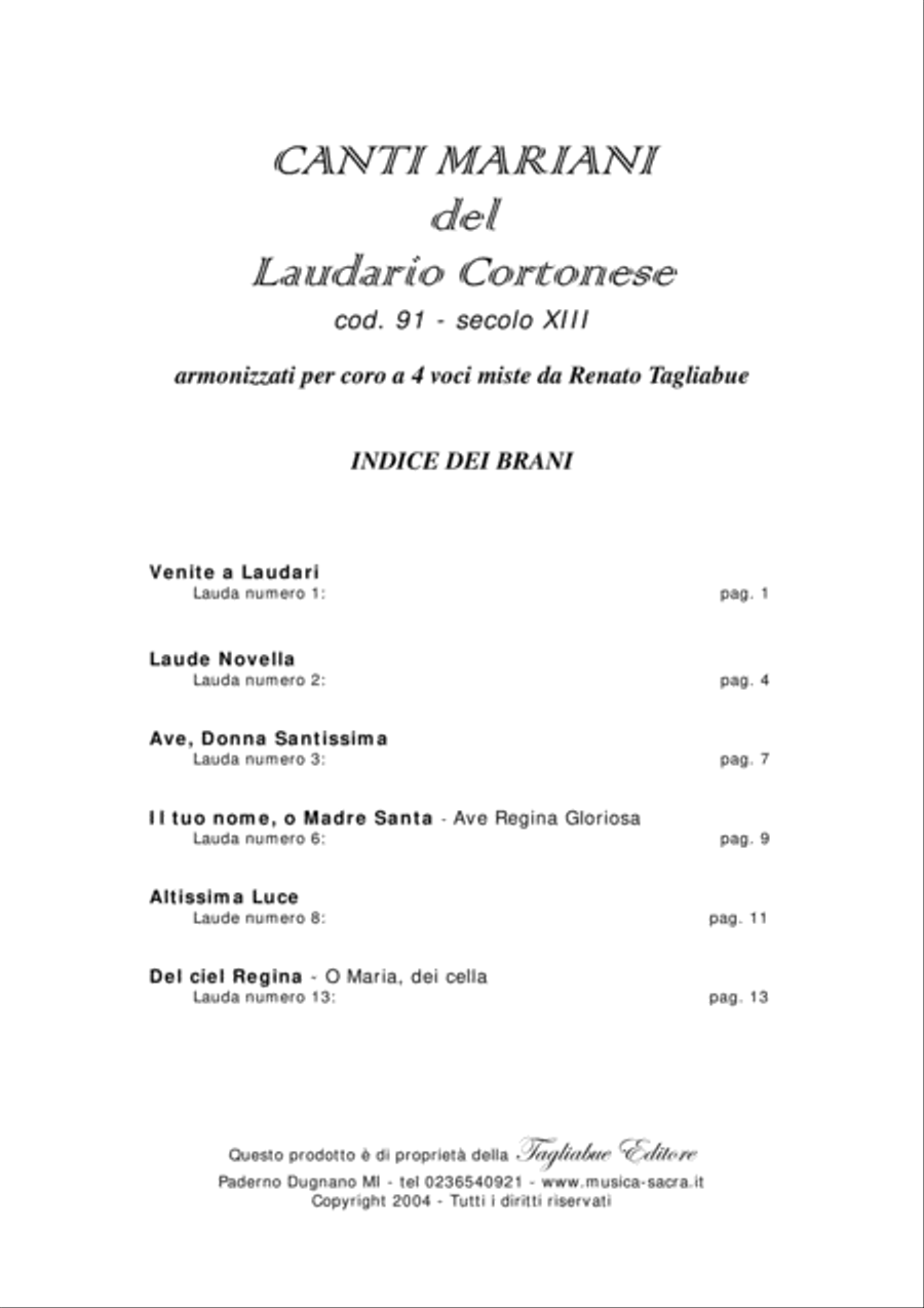 LAUDARIO CORTONESE - 6 Laude - Look inside - Arr. for SATB Choir image number null