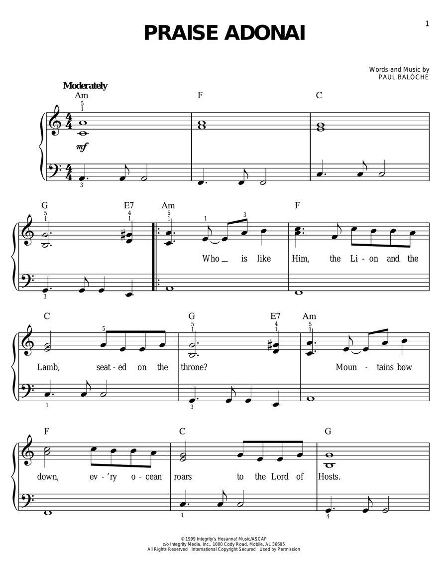 Praise Adonai Easy Piano scores gallery preview page 1