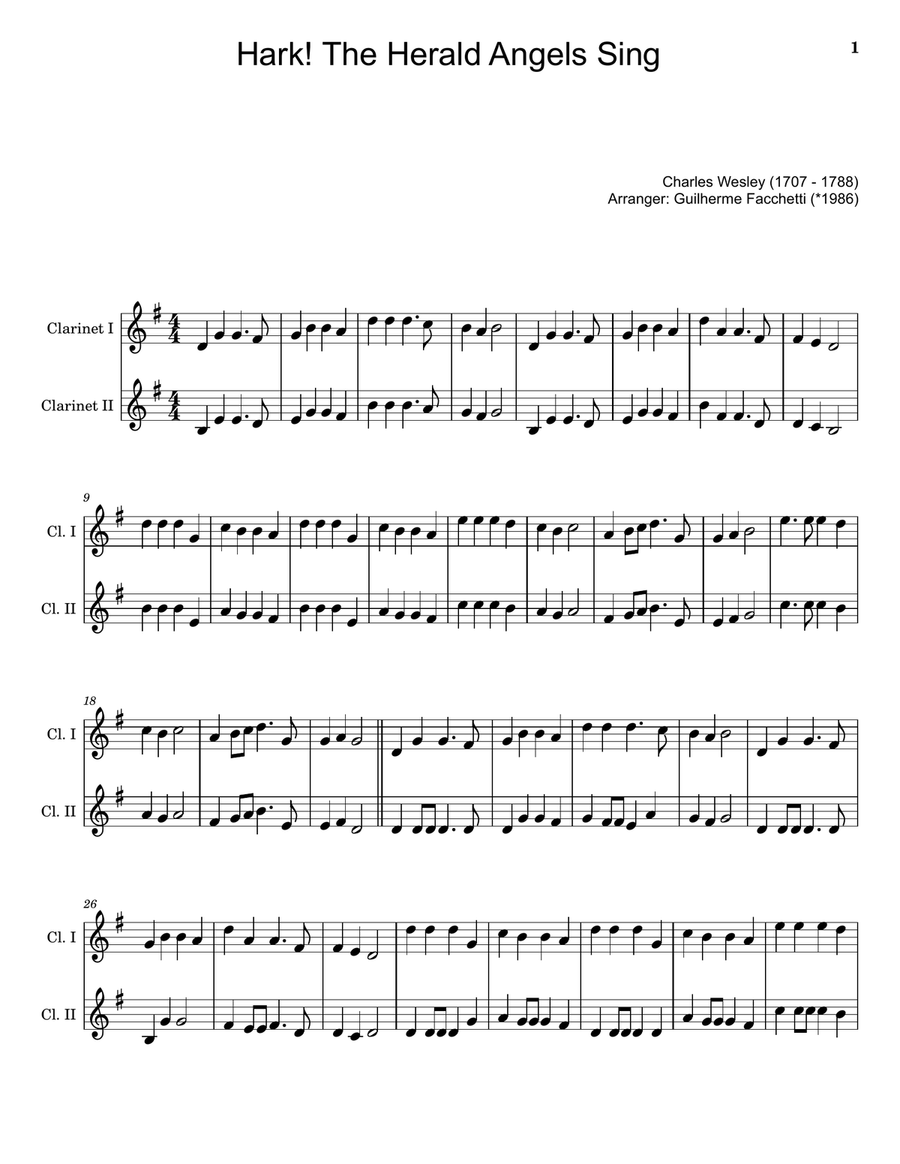 Hark! The Herald Angels Sing - Arranged for Clarinet Duet. Clarinet Duet scores gallery preview page 1