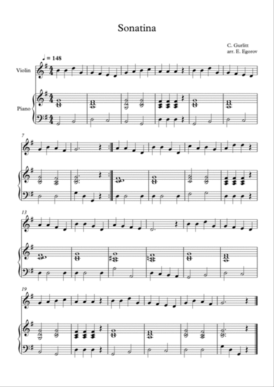 Sonatina, Cornelius Gurlitt, For Violin & Piano Violin Solo scores gallery preview page 1