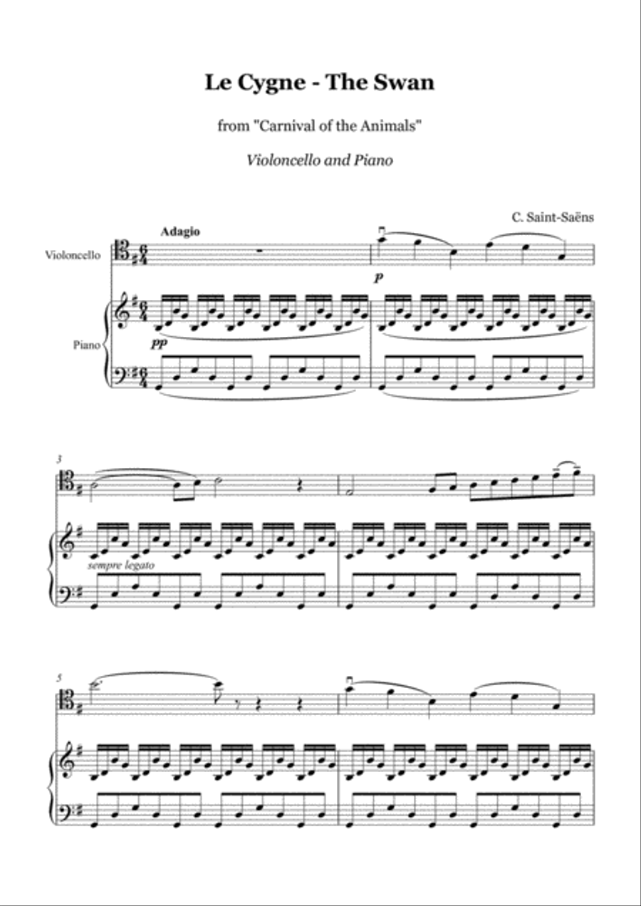 Saint-Sans - The Swan - cello and piano image number null